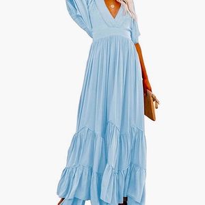 Dusty Blue Empire Waist Boho Maxi Dress